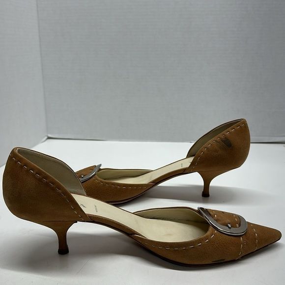 Prada Heels Low Kitten Heel Pointed Toe Buckle Suede in Light Brown Size 42 12 - Picture 11 of 16